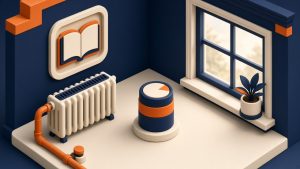 Isometrische Heizung mit Thermostat und Fenster als Symbol für Gas sparen