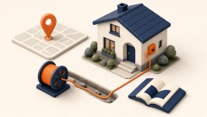Isometrische Miniatur: Haus mit Glasfaserspule und Adressmarker zur Verfügbarkeitsprüfung