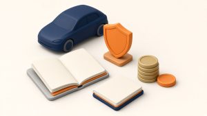 Isometrische Illustration: Auto, Versicherungsmappe und Sparsymbole auf hellem Hintergrund