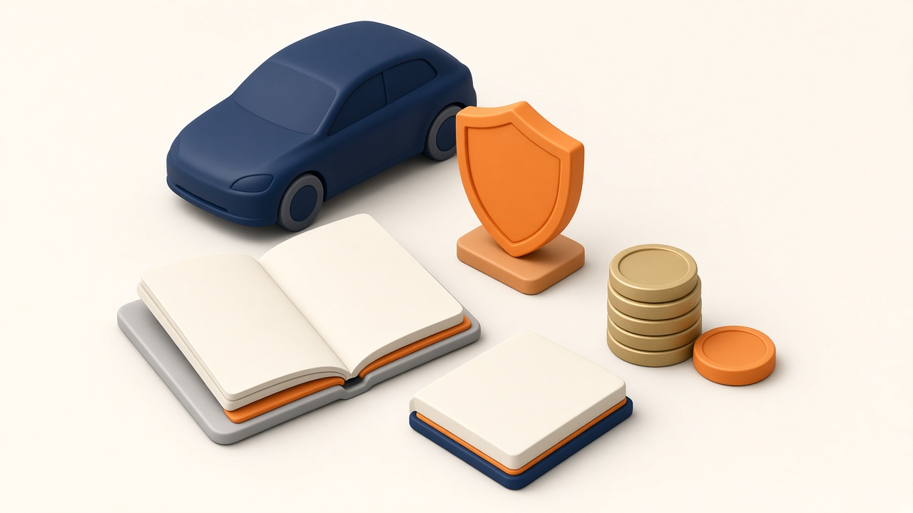 Isometrische Illustration: Auto, Versicherungsmappe Und Sparsymbole Auf Hellem Hintergrund