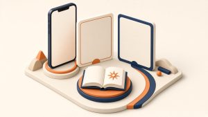 Isometrische Miniatur mit Smartphone, Tarifkarten und orangefarbenen Akzenten auf warmem Elfenbein-Hintergrund
