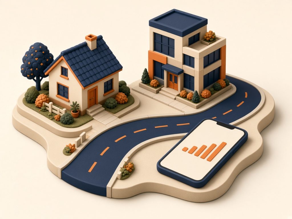Isometrische Szene Mit Haus, Büro Und Smartphone Zur Netzabdeckung Unterwegs