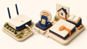 Isometrische Miniatur mit Router, SIM-Karte und Dokumentenmappe auf warmem Elfenbein-Hintergrund