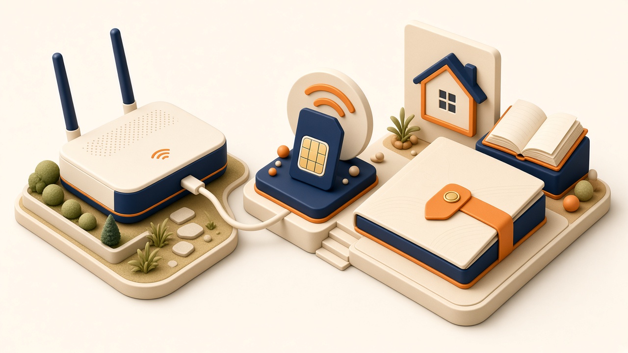 Isometrische Miniatur Mit Router, Sim-Karte Und Dokumentenmappe Auf Warmem Elfenbein-Hintergrund