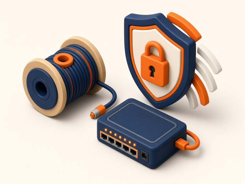 Internet Ohne Schufa 2026: So Kommen Sie Online 10 Isometrische Szene Mit Glasfaserrolle Und Router Als Festnetz-Metapher