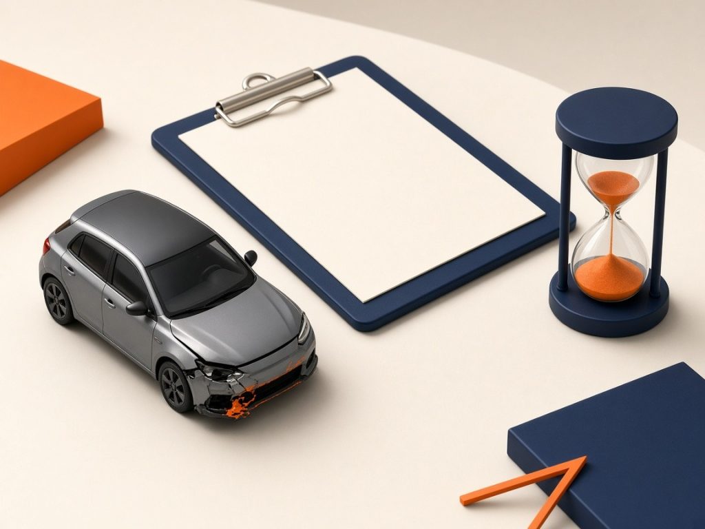 Kfz-Versicherung Stichtag 2026: Kündigungsfrist Richtig Prüfen 10 Isometrische 3D-Illustration Zur Kündigung Nach Schadenfall Mit Auto, Claim-Ordner Und Sanduhr