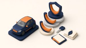 Isometrische Miniatur: Auto mit Schutzringen und Schlüsselmappe für Fahranfänger-Versicherung