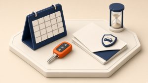 Isometrische 3D-Illustration mit Kalenderblock, Autoschlüssel und Versicherungspapieren auf warmem Elfenbein-Hintergrund