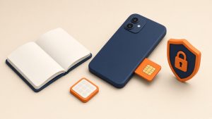 Isometrische Illustration: Smartphone, SIM-Karte, Prepaid-Chip und Schutzsymbol zum Handytarif ohne Schufa