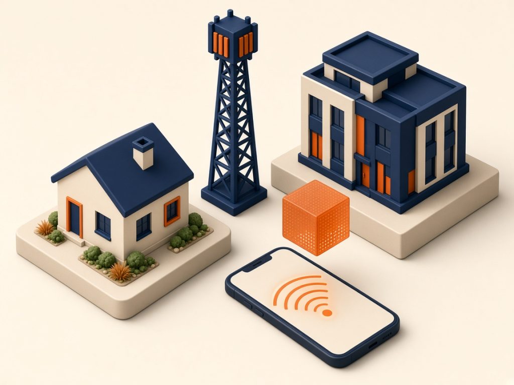 Handytarif Ohne Schufa 2026: Prepaid &Amp; Alternativen Prüfen 11 Isometrische Miniatur: Haus, Büro, Funkmast Und Smartphone Zur Prüfung Von Netz Und Datenvolumen
