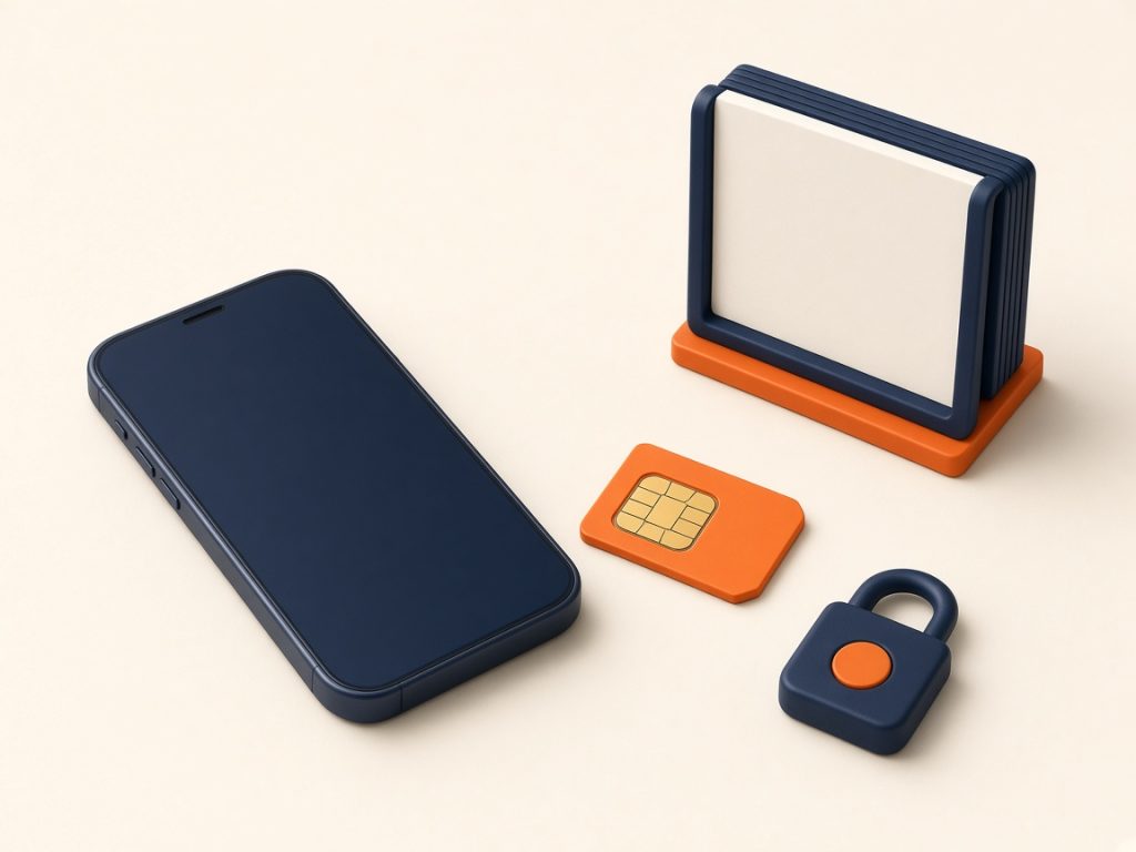 Handytarif Ohne Schufa 2026: Prepaid &Amp; Alternativen Prüfen 9 Isometrische Szene: Smartphone Neben Sim-Karte Und Kalenderwürfel Für Sim-Only Und Flexible Laufzeiten