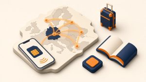 Isometrische 3D-Illustration: Smartphone mit SIM-Karte, Europakarte mit orangefarbenen Roaming-Verbindungen, Reisekoffer und aufgeschlagenes Buch