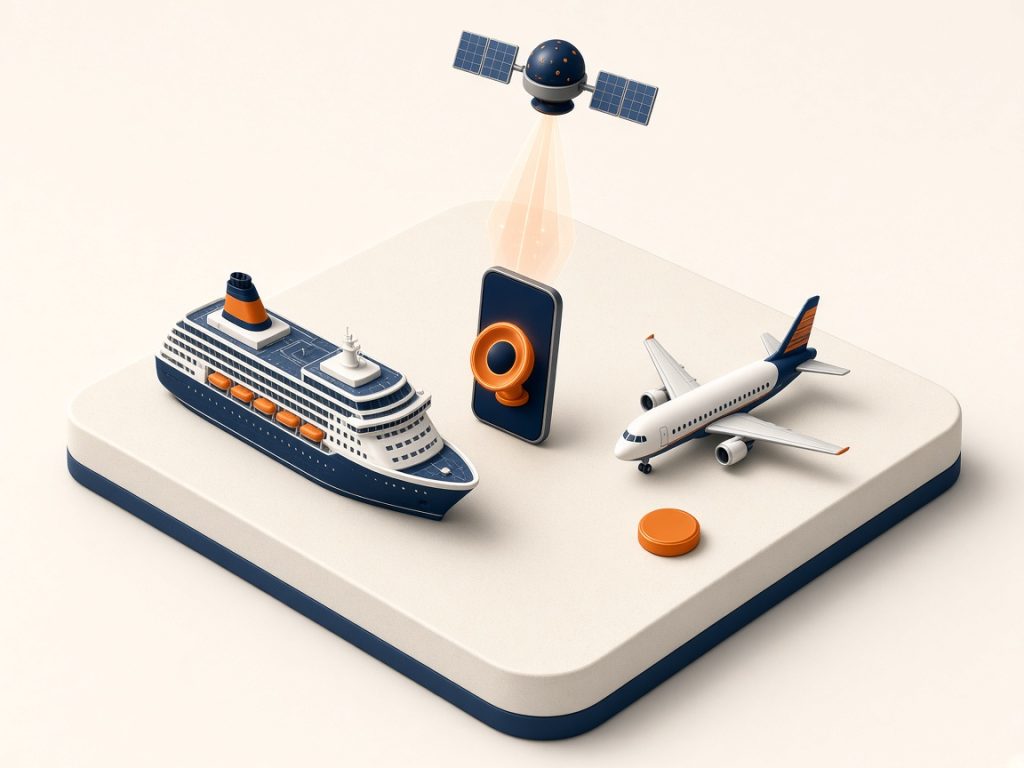 Roaming Eu 2026: Das Handy Im Ausland Ohne Zusatzkosten Nutzen 10 Isometrische 3D-Illustration: Kreuzfahrtschiff Und Flugzeug Mit Smartphone Und Satellitenverbindung Als Bordnetz-Kostenfalle