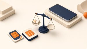 Isometrische Miniatur: SIM-Karte und eSIM-Chip getrennt vom Smartphone auf warmem Elfenbein-Hintergrund