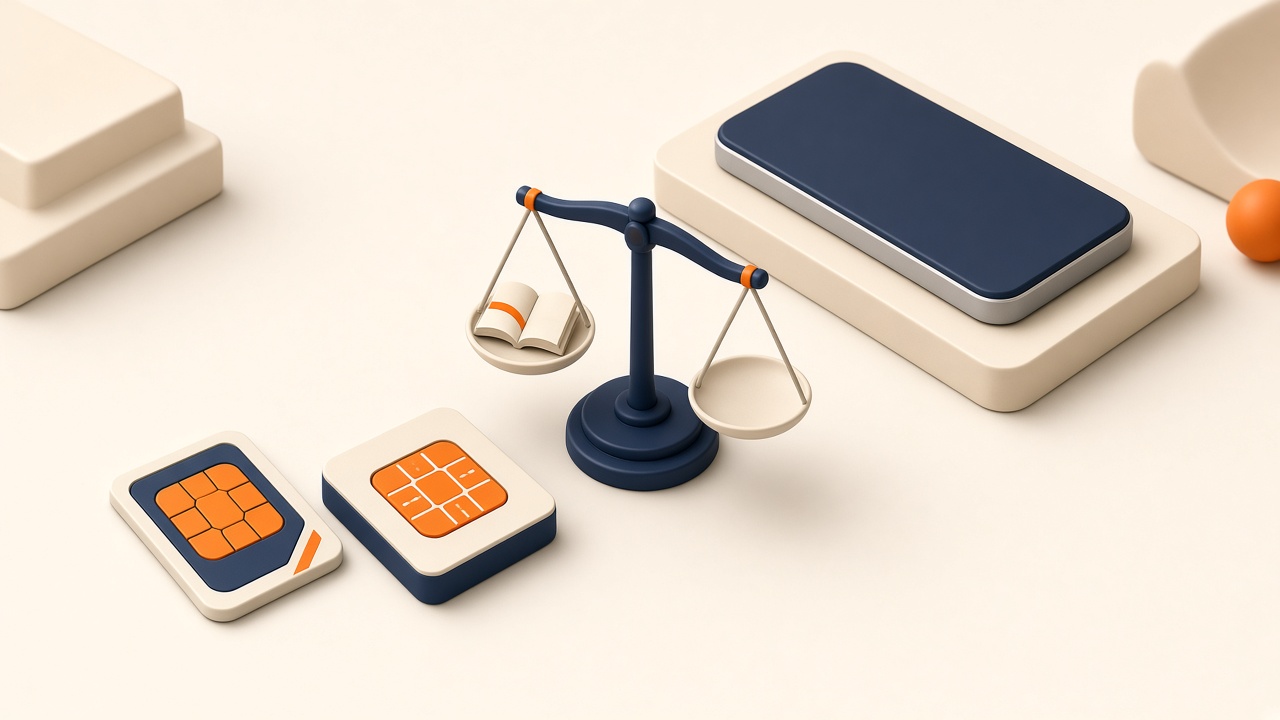 Isometrische Miniatur: Sim-Karte Und Esim-Chip Getrennt Vom Smartphone Auf Warmem Elfenbein-Hintergrund