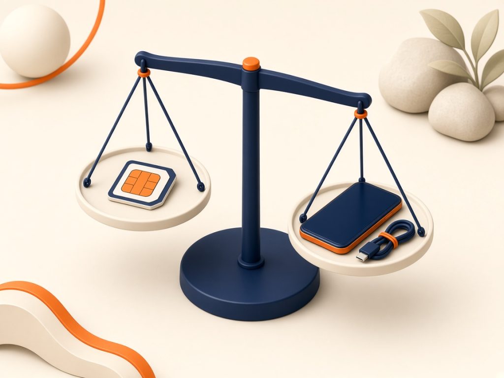 Sim-Only Vergleich 2026: Tarife Ohne Handy Richtig Vergleichen 10 Isometrische Waage: Sim-Karte Gegenüber Smartphone-Paket Zur Gesamtkostenmetapher