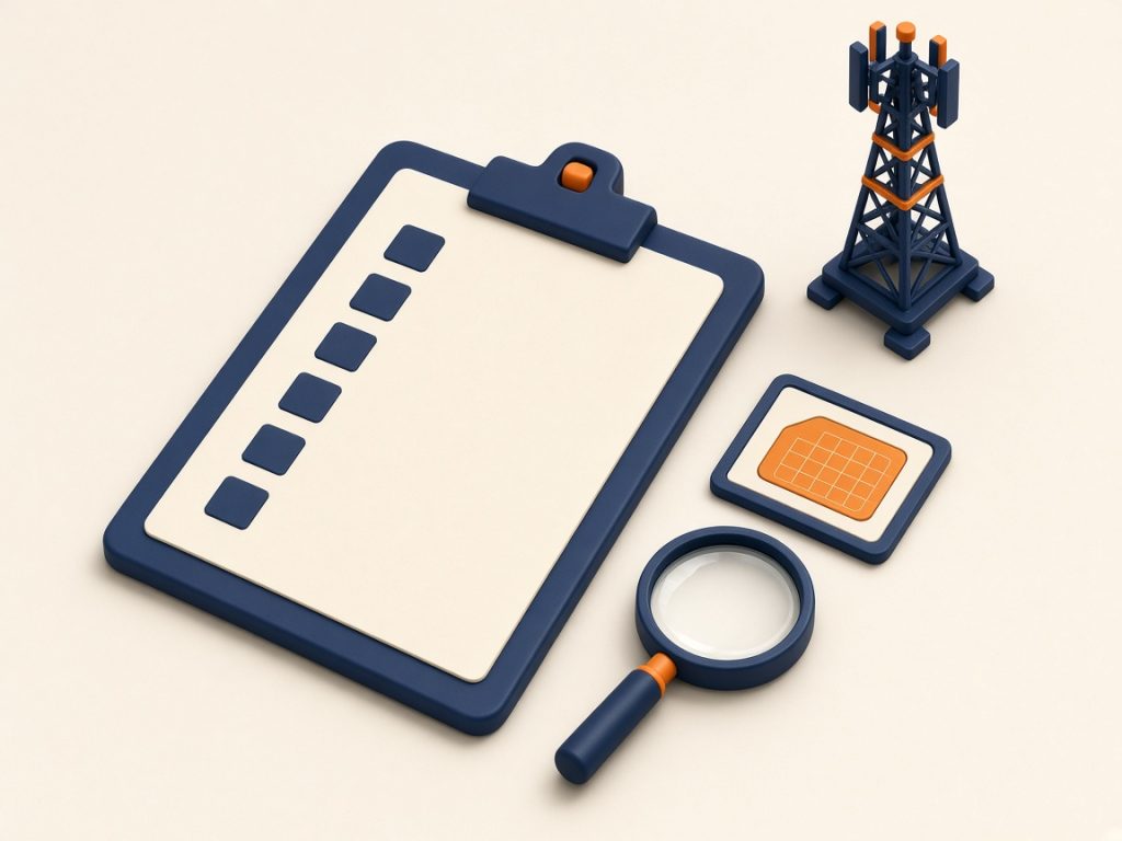 Sim-Only Vergleich 2026: Tarife Ohne Handy Richtig Vergleichen 11 Isometrische Checkliste Mit Sim-Karte, Lupe Und Netz-Turm Ohne Lesbaren Text