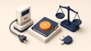 Isometrische 3D-Illustration zum Stromanbieter-Vergleich mit Sofortbonus, Stromzähler und Bonus-Chip