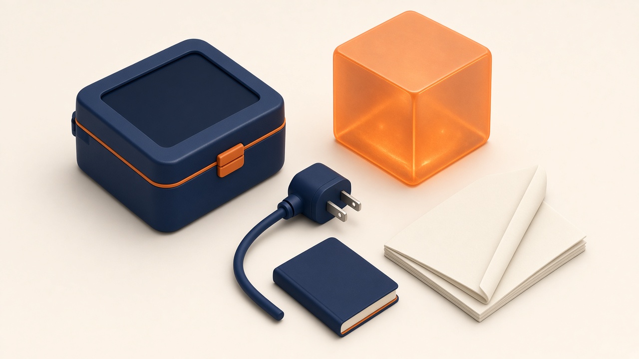 Isometrische Illustration: Stromzähler, Stecker Und Abstrakter Energieblock Auf Hellem Hintergrund