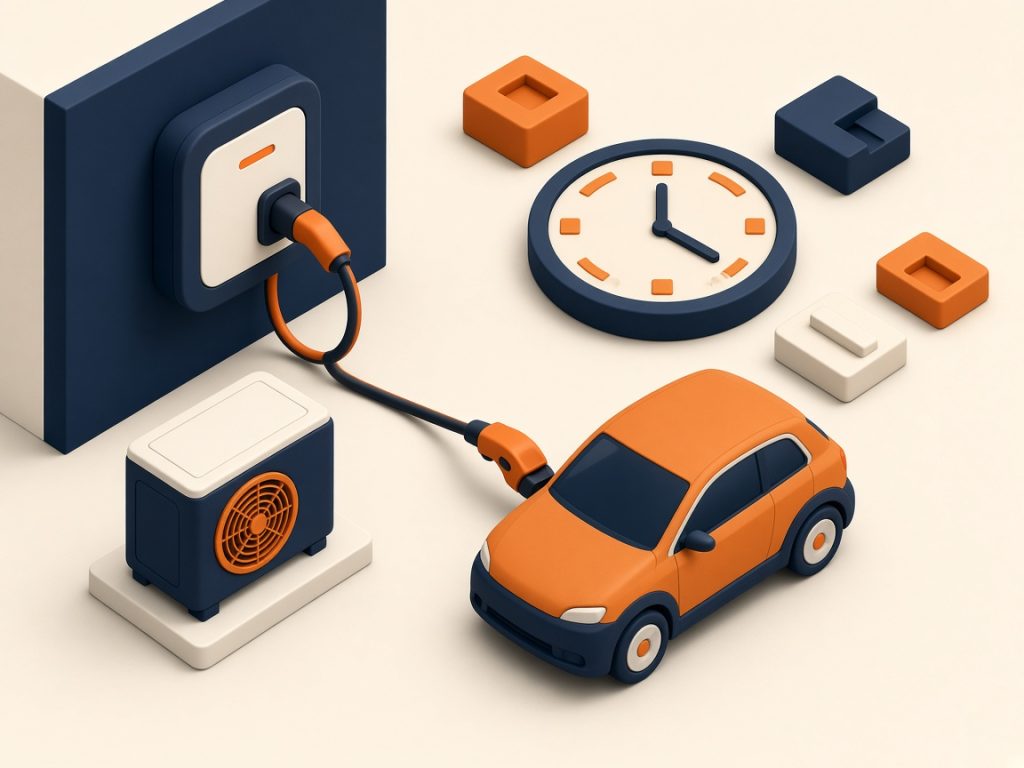 Stromtarif Für Wärmepumpe Und E-Auto 2026: Günstig Heizen Und Laden 9 Isometrische Szene Mit Wallbox, Elektroauto Und Zeitfenster-Symbolen Ohne Text
