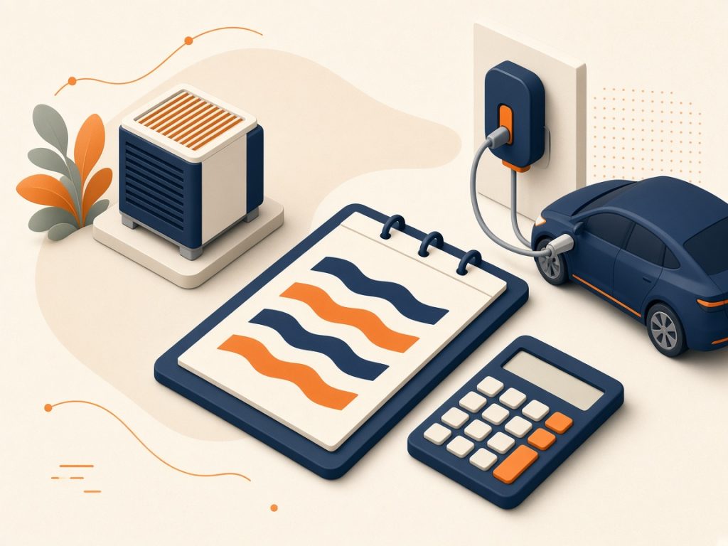 Stromtarif Für Wärmepumpe Und E-Auto 2026: Günstig Heizen Und Laden 10 Isometrische Miniatur Mit Wärmepumpe, Wallbox Und Notizblock-Metapher Ohne Lesbare Zahlen