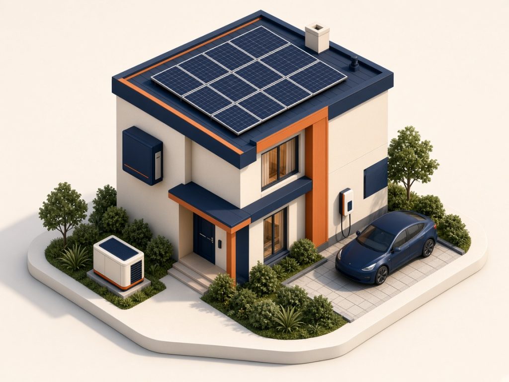 Stromtarif Für Wärmepumpe Und E-Auto 2026: Günstig Heizen Und Laden 11 Isometrische Hausminiatur Mit Photovoltaik, Batteriespeicher Und Wärmepumpe