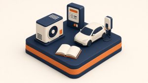 Isometrische Miniatur mit Wärmepumpe, Wallbox und Stromzähler auf warmem Elfenbeinuntergrund