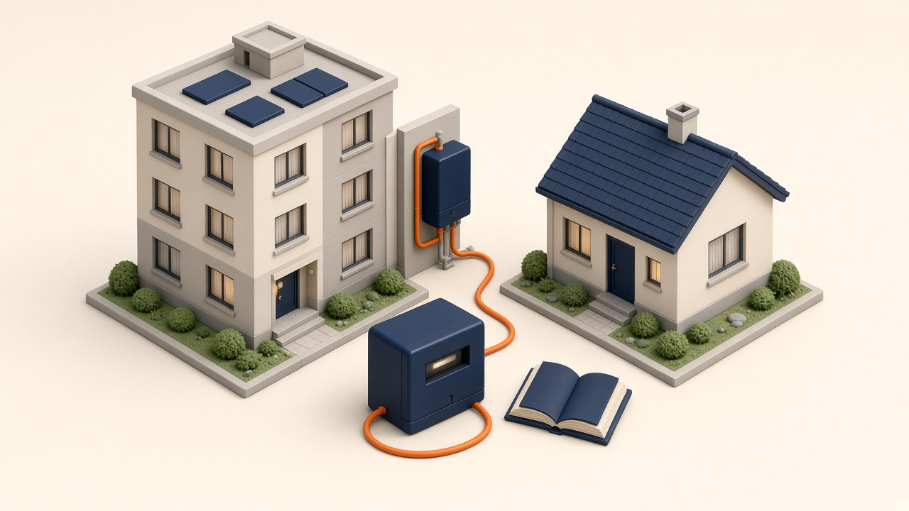 Isometrische 3D-Illustration: Mehrfamilienhaus Und Einfamilienhaus Mit Stromzähler, Elektrischem Warmwasserbereiter Und Orangefarbenen Leitungen