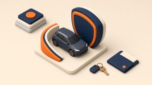 Isometrische Miniatur: Auto mit zwei Schutzschichten als Teilkasko- und Vollkasko-Metapher