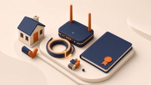 Isometrische Szene mit Haus, Router, Glasfaserspule und Vertragsmappe zum Internetvertrag
