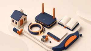 Isometrische Szene mit Router, Haus, Glasfaserspule und Ethernetstecker zum Internettarifvergleich