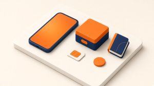 Isometrische Szene mit Smartphone, SIM-Karte und Prepaid-Box
