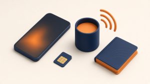 Isometrische Szene mit Smartphone, Datentank und SIM-Karte