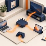 Welche Internetgeschwindigkeit Brauche Ich 2026? 50, 100, 250, 500 Oder 1000 Mbit/S 1 Isometrische Wohnzimmerszene Mit Router Und Mehreren Geräten Zur Internetgeschwindigkeit