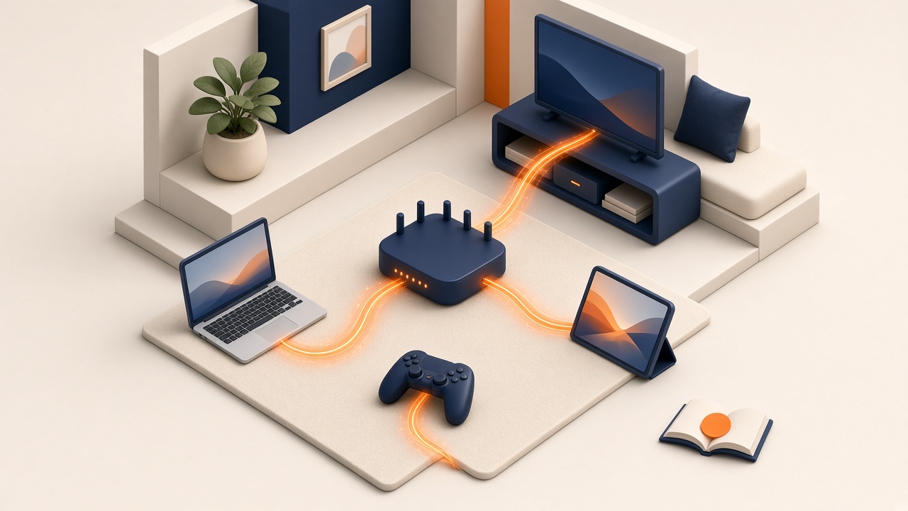 Isometrische Wohnzimmerszene Mit Router Und Mehreren Geräten Zur Internetgeschwindigkeit