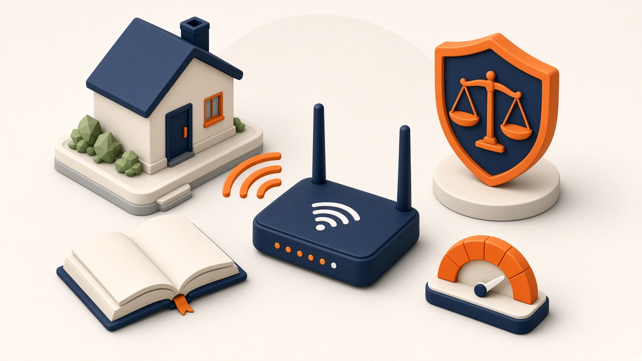 Isometrische Szene Mit Router, Haus Und Schild Für Recht Auf Mindestversorgung