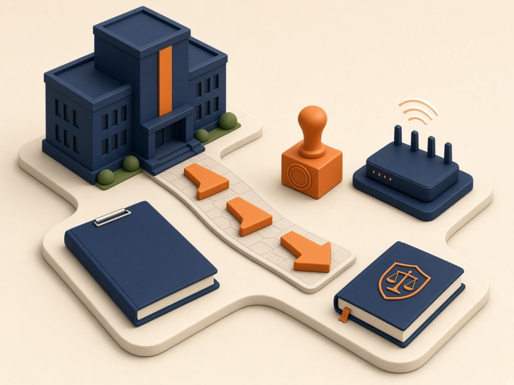 Recht Auf Internet 2026: Mindestversorgung, 15 Mbit/S Und Ravt-Verfahren 9 Behördengebäude, Stempel Und Router Als Symbol Für Das Bundesnetzagentur-Verfahren