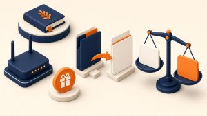 Isometrische Szene mit Router, Geschenk und Waage zu Internet-Neukundenangeboten