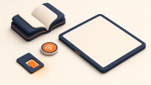 Isometrische Szene mit Tablet, SIM-Karte und eSIM-Chip für Datentarife