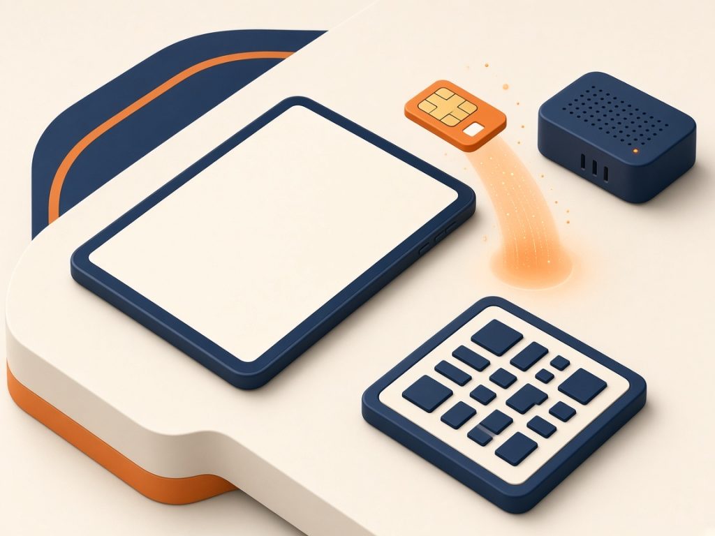 Isometrische Szene: Tablet Mit Esim-Chip Und Wlan-Router Zur Einrichtung