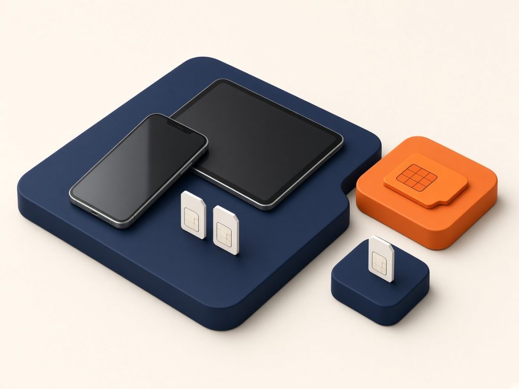 Isometrische Szene: Smartphone Und Tablet Mit Multisim Neben Datacard Und Eigenem Datentarif