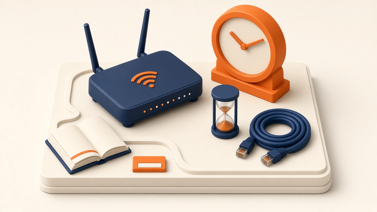 Isometrische Szene Mit Router Und Uhr Für Dsl-Minutentarif
