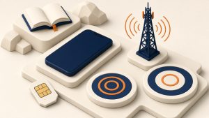 Isometrische Szene mit Smartphone und Mobilfunkmast für LTE und 5G