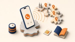 Isometrische 3D-Illustration: Smartphone mit orangenen Signalbögen über einer stilisierten Europakarte, Minuten-Token, SIM-Karte und aufgeschlagenes Buch