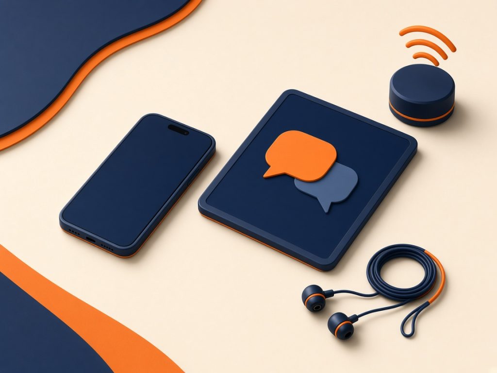 Isometrische 3D-Illustration: Smartphone Und Tablet Neben Wlan-Router Mit Signalbögen Und Abstrakten Sprechblasen Auf Elfenbeinuntergrund