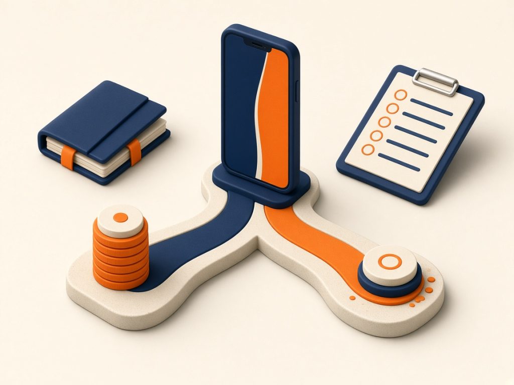 Isometrische 3D-Illustration: Waage Mit Minuten-Token Und Münze Neben Smartphone, Vertragsmappe Und Klemmbrett Auf Elfenbeinuntergrund