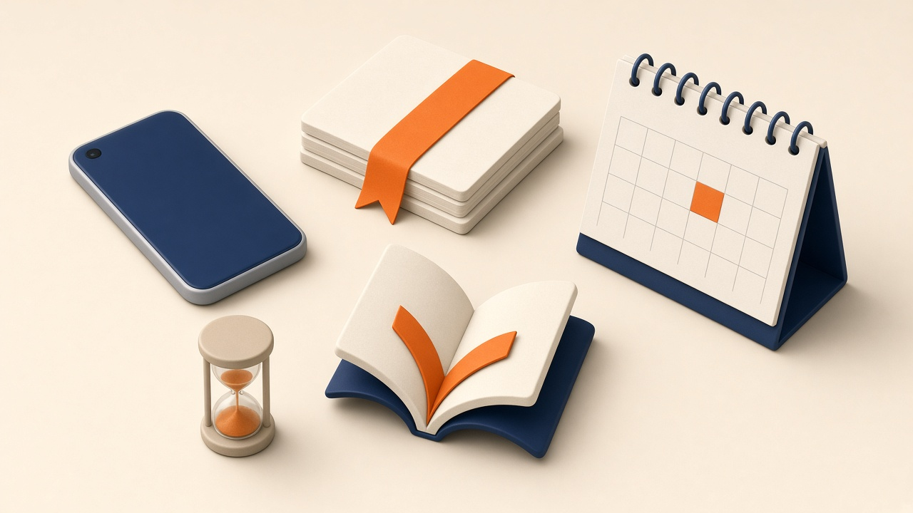 Isometrische 3D-Illustration: Smartphone, Vertrag Mit Orangener Markierung, Kalender Mit Fristtag, Sanduhr Und Aufgeschlagenes Buch Mit Orangem Haken