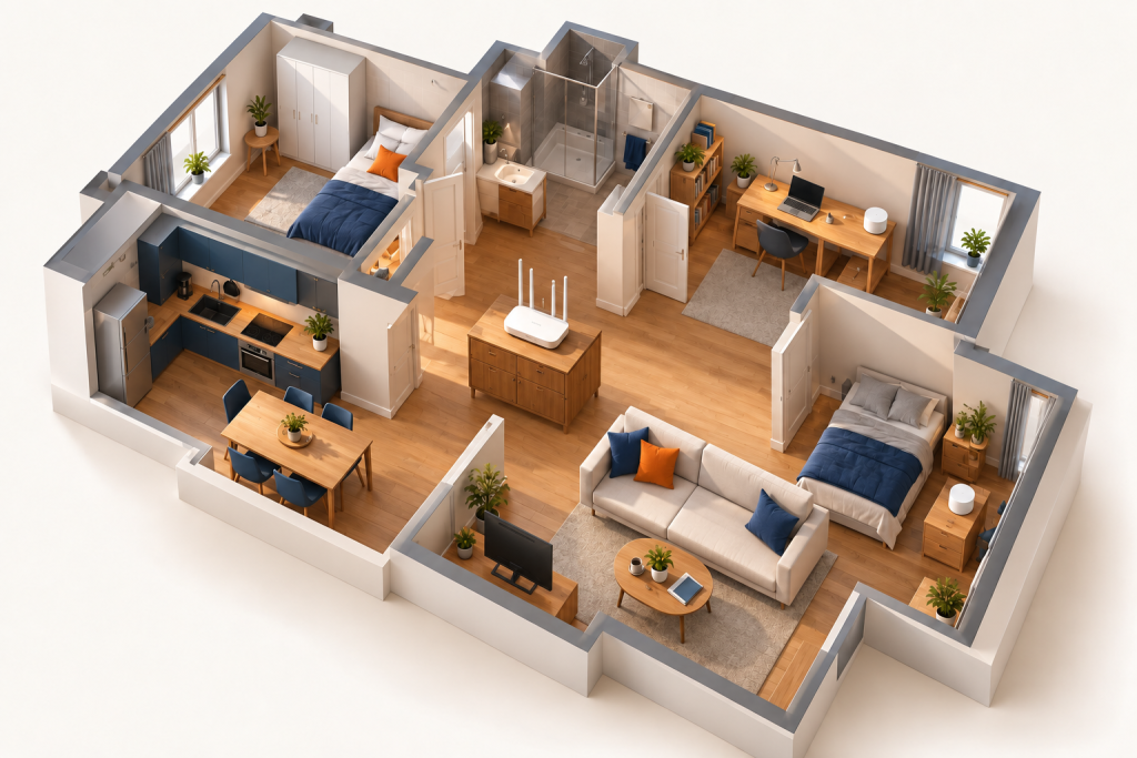 Grundriss Einer Studentenwohnung Mit Zentral Platziertem Router Und Mehreren Arbeitsplätzen