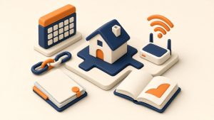 Isometrische 3D-Illustration: Miniaturhaus mit WLAN-Router und Signalbögen, Kalenderblock, Vertragsmappe, geöffnete Kettenglieder und aufgeschlagenes Buch