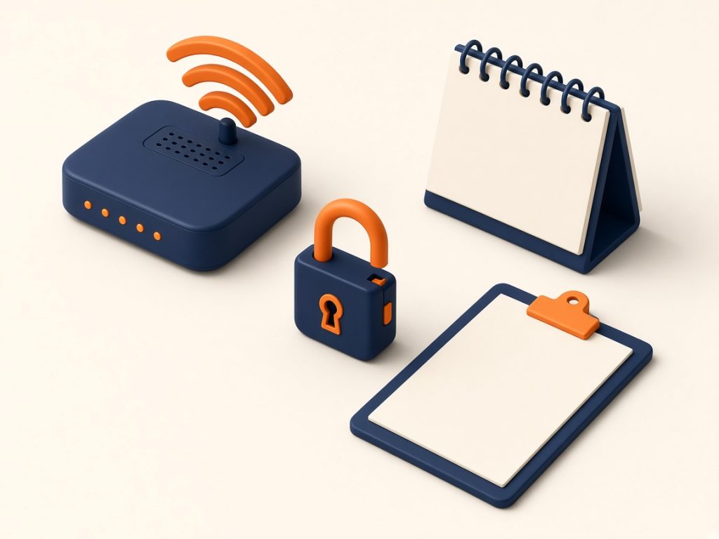 Internet Monatlich Kündbar 2026: Tarife Ohne Laufzeit Vergleichen 9 Isometrische 3D-Illustration: Wlan-Router Mit Signalbögen, Offenes Vorhängeschloss, Kalenderblock Und Leeres Klemmbrett Auf Hellem Hintergrund